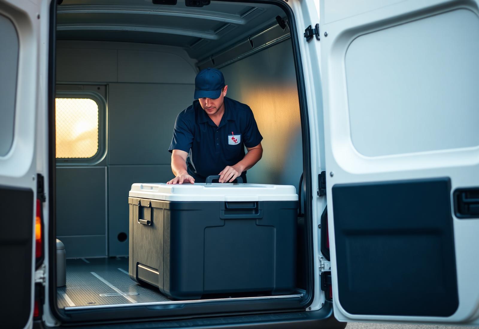 Takeoff Medical Transport courier loading a temperature-controlled medical container